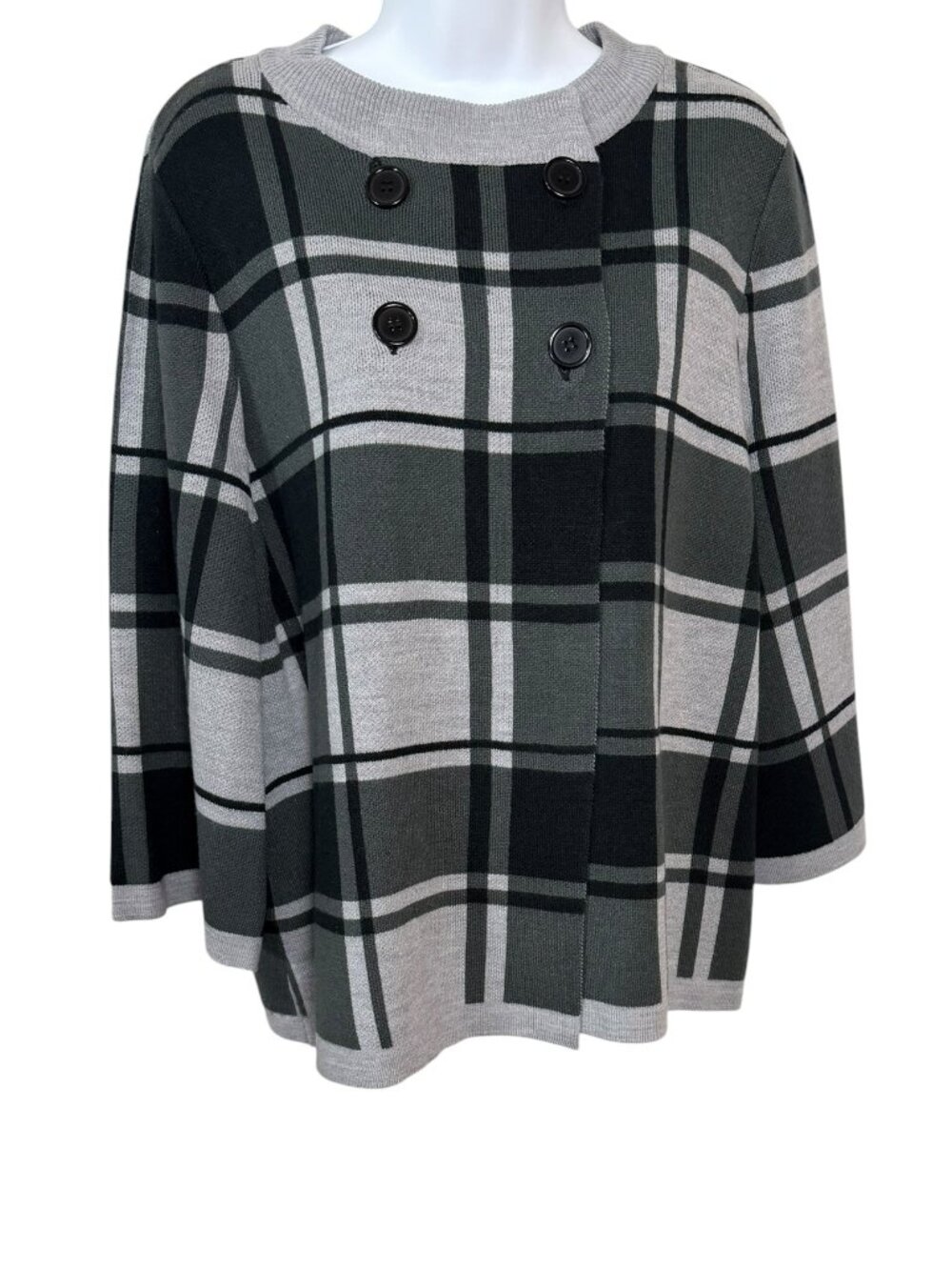 Luxe Plaid Sweater Jacket XL Gray Black Double Breasted 3/4 Sleeve